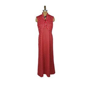 Vintage 60s Maxi Dress Womens Large Red Polka Dot Print Ruffle Empire Neckline